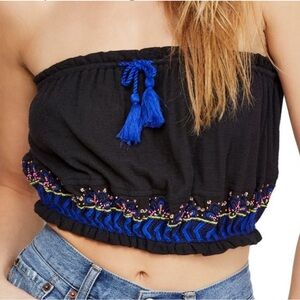 NWT Free People No More Tiers Black Blue Beaded Tassel Crop Tube Top Size S